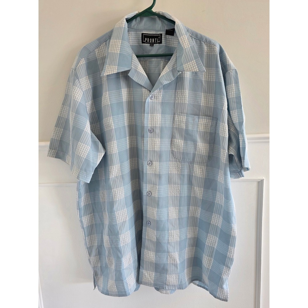 PRONTL Plaid Short Sleeve Button‎ Up Shirt Men's XXL Blue White Casual